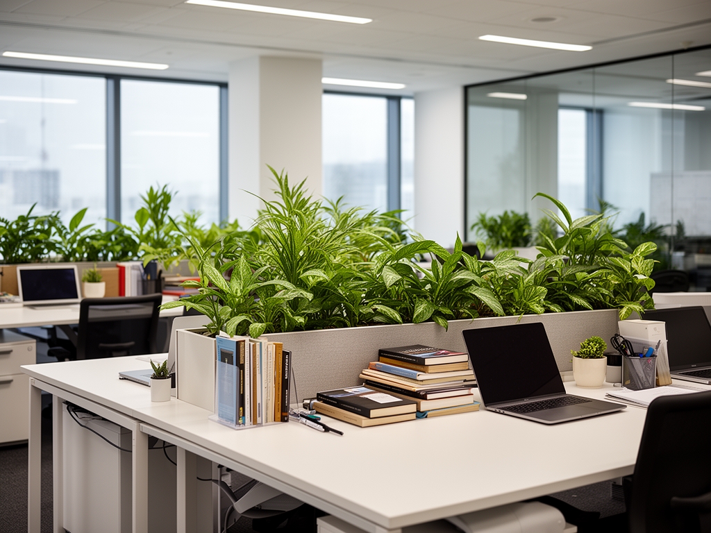 Moderni kancelarijski prostor sa otvorenim planom, gde se na stolovima nalaze biljke, knjige i laptopovi, prikazan bez lica ili osoba, samo radni prostor koji odaje atmosferu istraživanja
