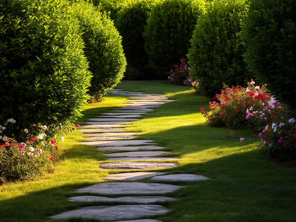 Mirna bašta sa kamenim stazama između živih zelenih žbunova i cvetnih leja u kasno poslepodne sa dugačkim senkama koje se prostiru po travnjaku