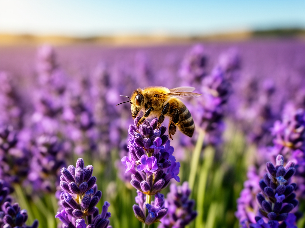 Rascvetale ljubičaste lavande u polju za sunčanog dana sa pčelom koja sakuplja nektar sa cvetova u prvom planu