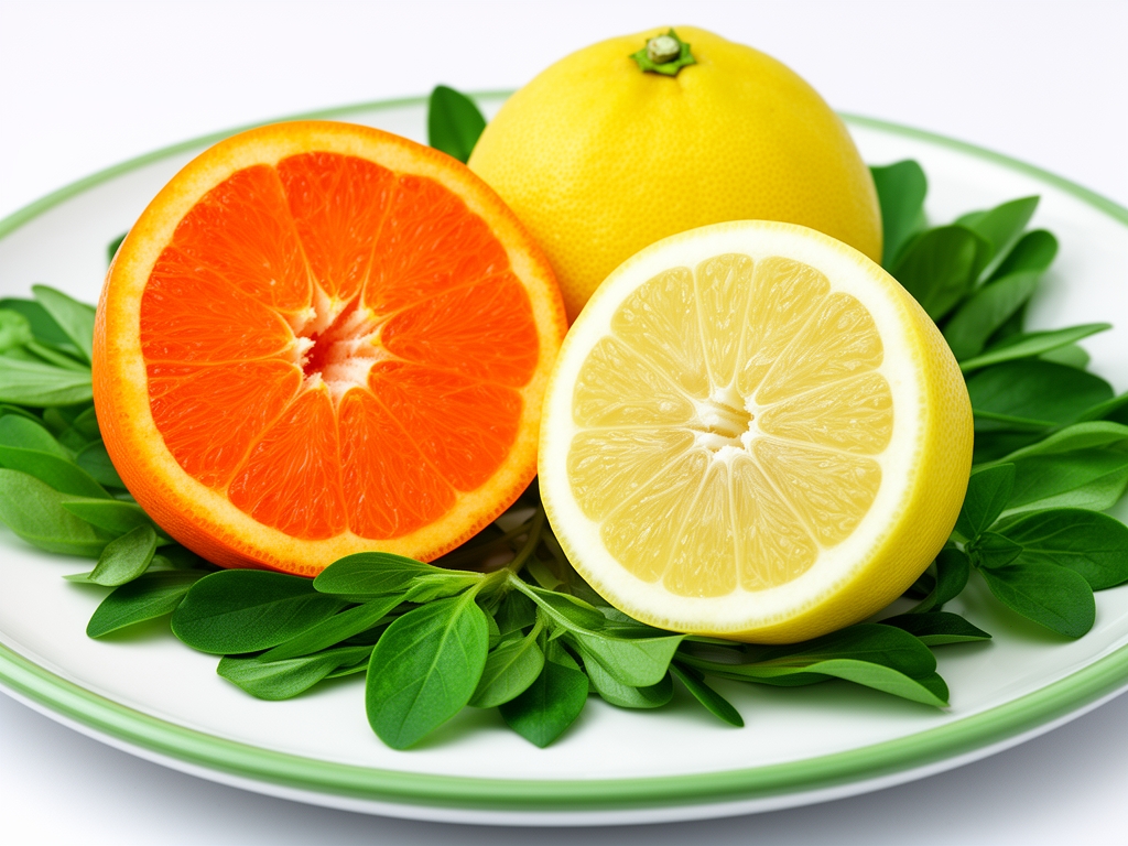Sveže isečena narandža i limun sa vidljivom strukturom vitamina C bogatog mesnog tkiva na belo-zelenom tanjiru okruženi svežim lišćem
