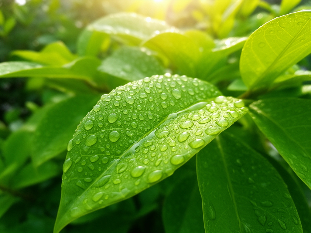 Sveži zeleni listovi biljke sa krupnim kapljicama rose u jutarnjem svetlu, simbolizujući prirodnu vitalnost i svežinu
