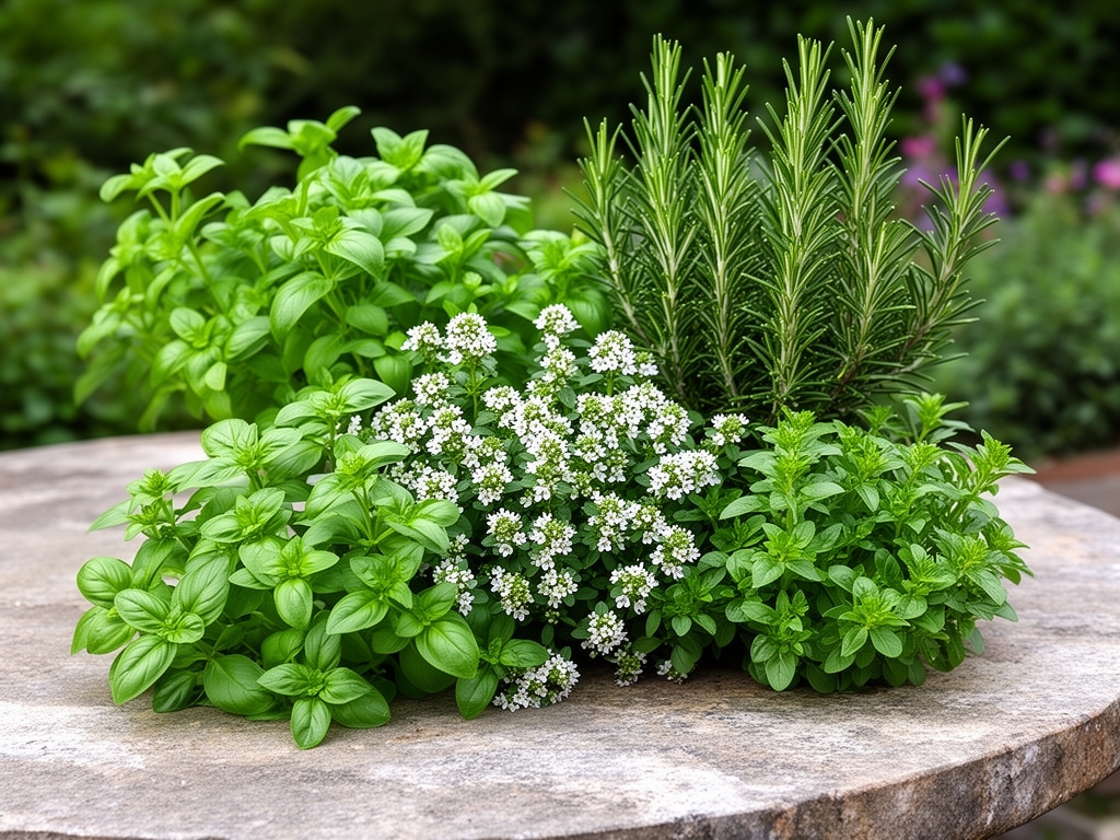 Izbor sveže branjenih aromatičnih biljaka uključujući bosiljak, majčinu dušicu i ruzmarin raspoređenih na kamenom stolu u bašti