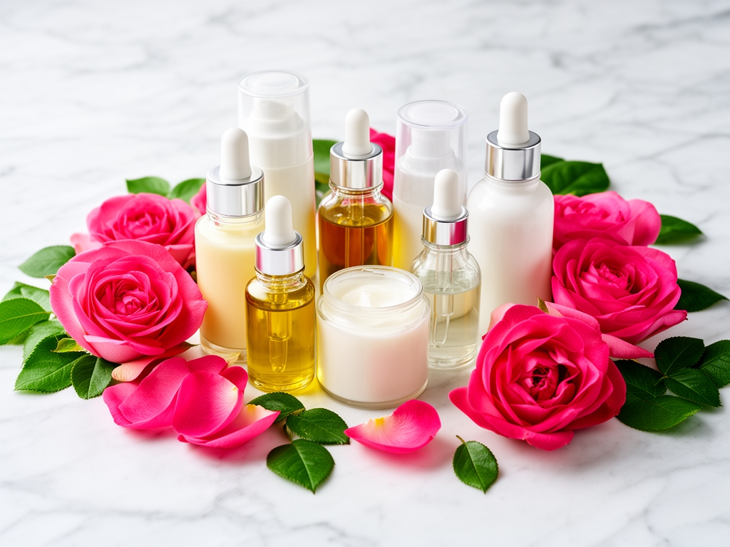 Staklenke i bočice sa prirodnim kremama i uljima za negu kože okružene svežim laticama roze ruže i zelenim listićima na beloj mramornoj podlozi