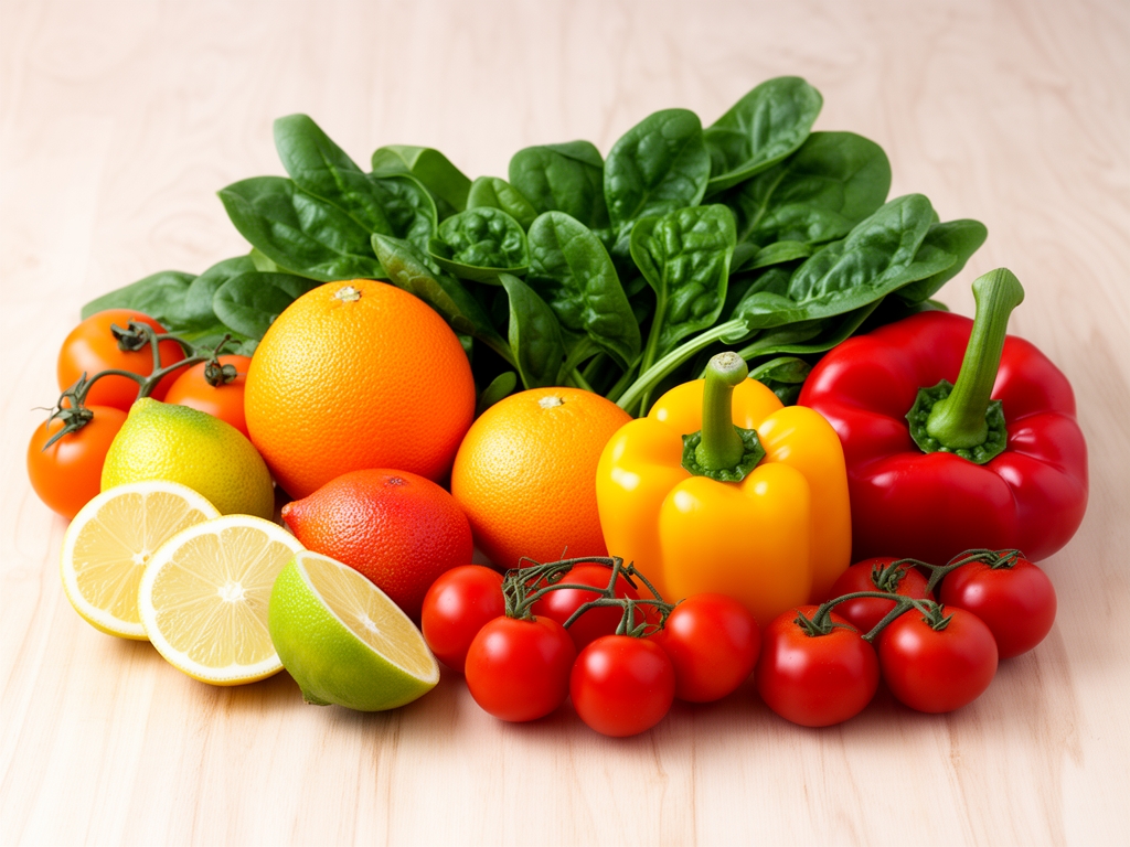 Raznovrsno sveže voće i povrće bogato vitaminima, uključujući narandžu, limun, papriku i spanać, složeno na svetloj drvnoj podlozi